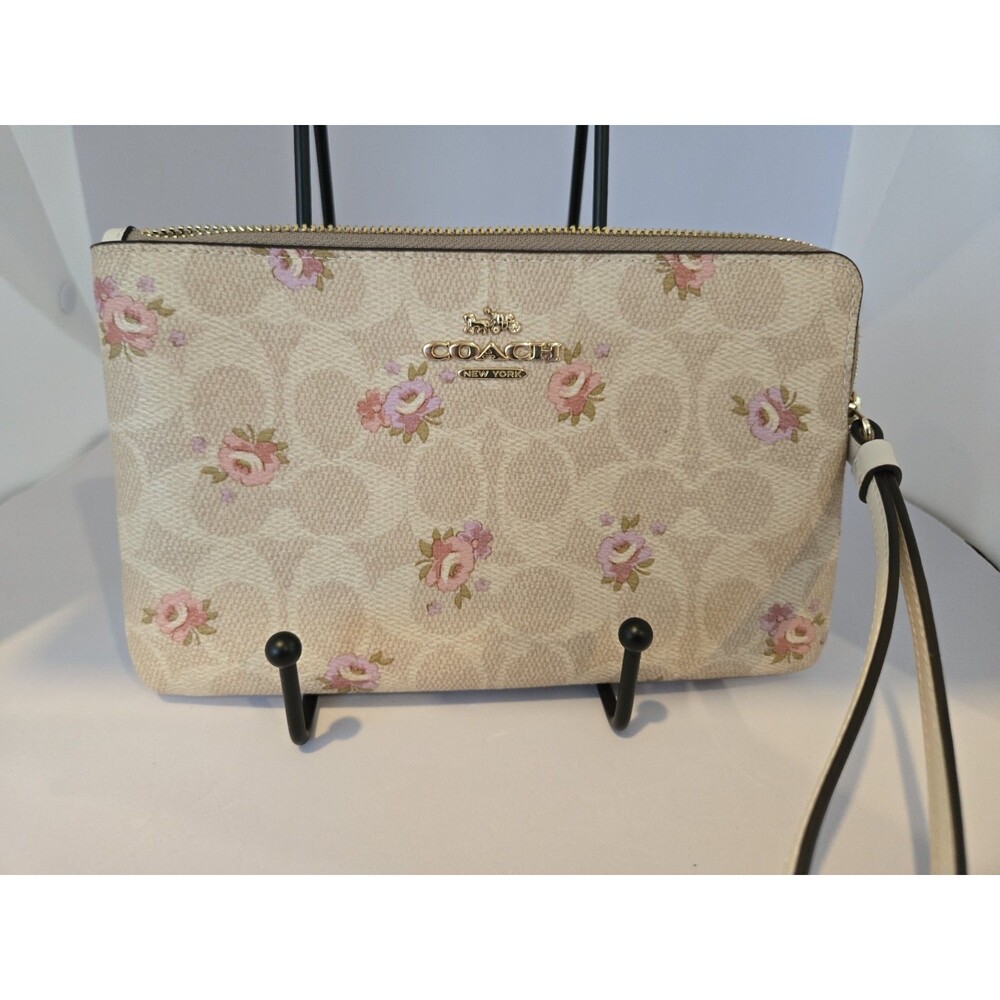 Coach Corner Zip Wristlet Pouch Gold Sand Multi Signature Canvas Floral EUC